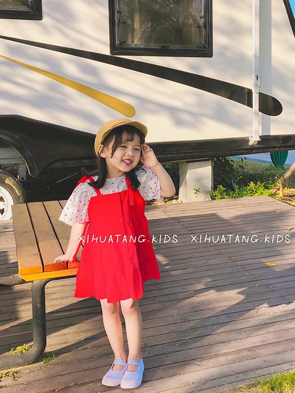 汐花糖童装2021春夏季红色纯色吊带裙