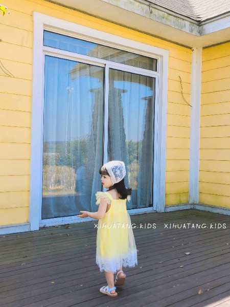 汐花糖童装2021春夏季黄色纱网连衣裙