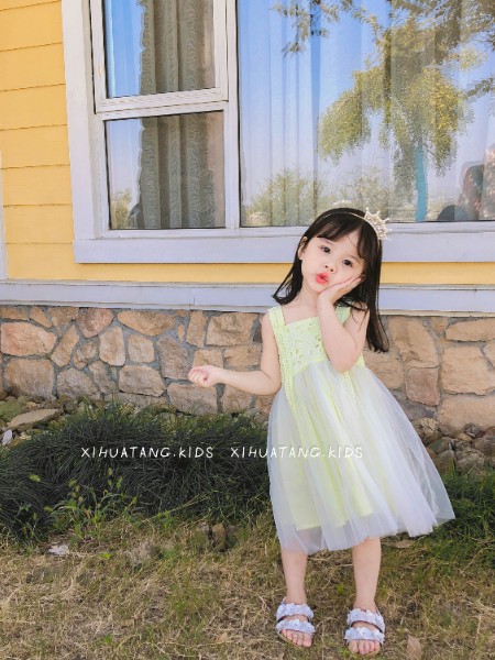 汐花糖童装2021春夏季黄色纱网连衣裙