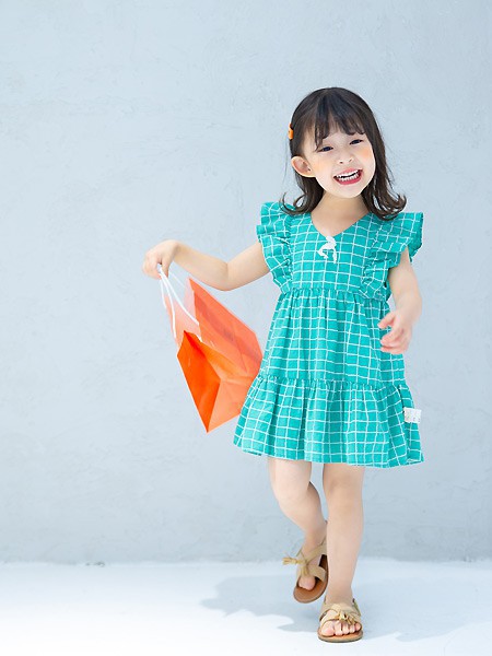 田果果童装2021春夏季绿色格子连衣裙