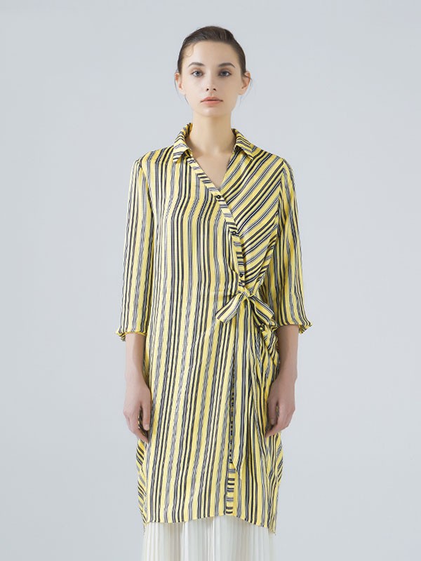 弄影女装2021春夏季绿色条纹连衣裙