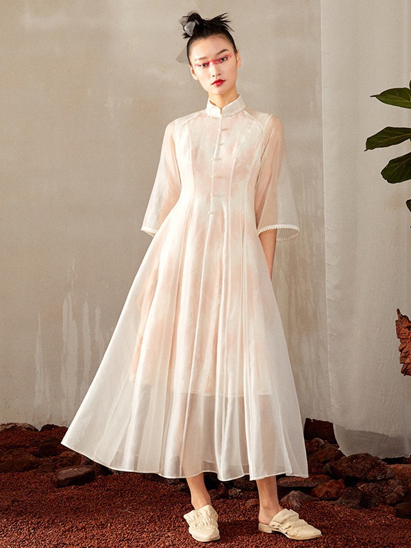 界内界外女装2021春夏季白色纱网连衣裙