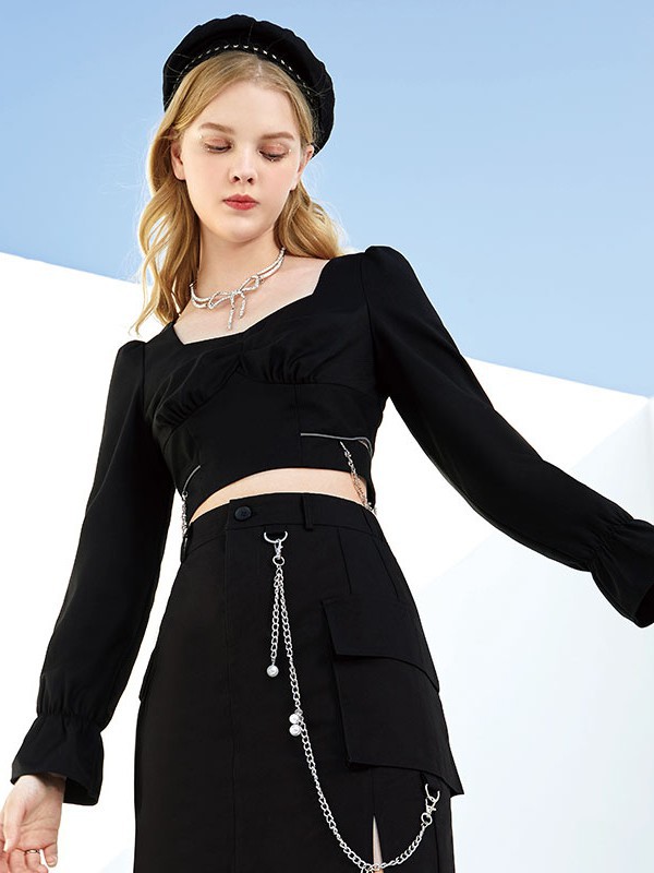 优韩一号2021春夏季黑色收腰连衣裙