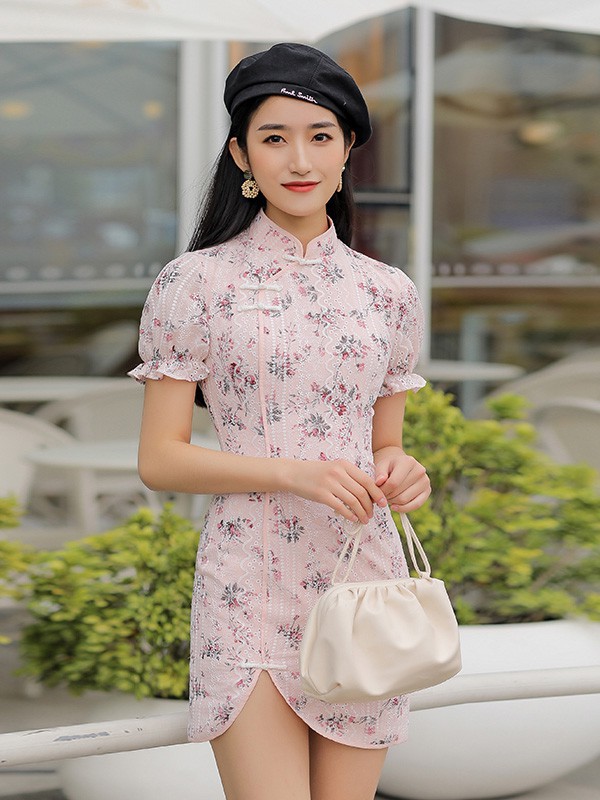 优韩一号2021春夏季粉色印花旗袍