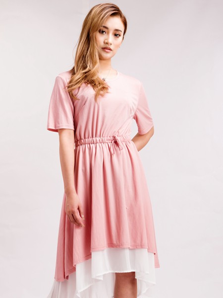 咔魅兰女装2021春夏季粉色纯色连衣裙