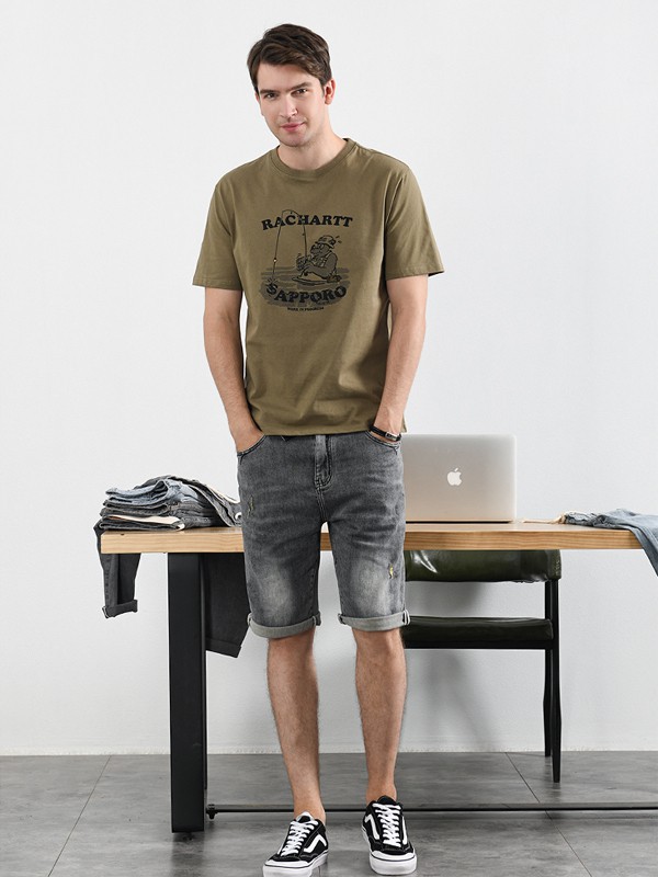 汉絮2021春夏季军绿色印花T恤