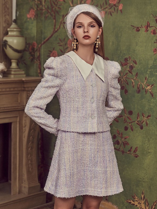 MarieElie2021秋冬季紫色条纹短裙