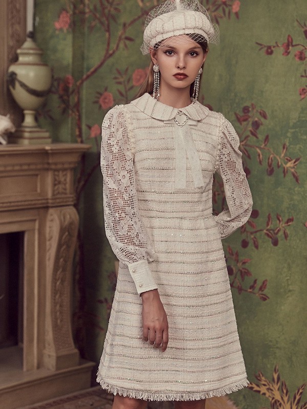 MarieElie2021秋冬季白色条纹连衣裙