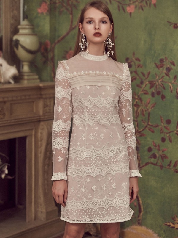 MarieElie2021秋冬季白色蕾丝连衣裙