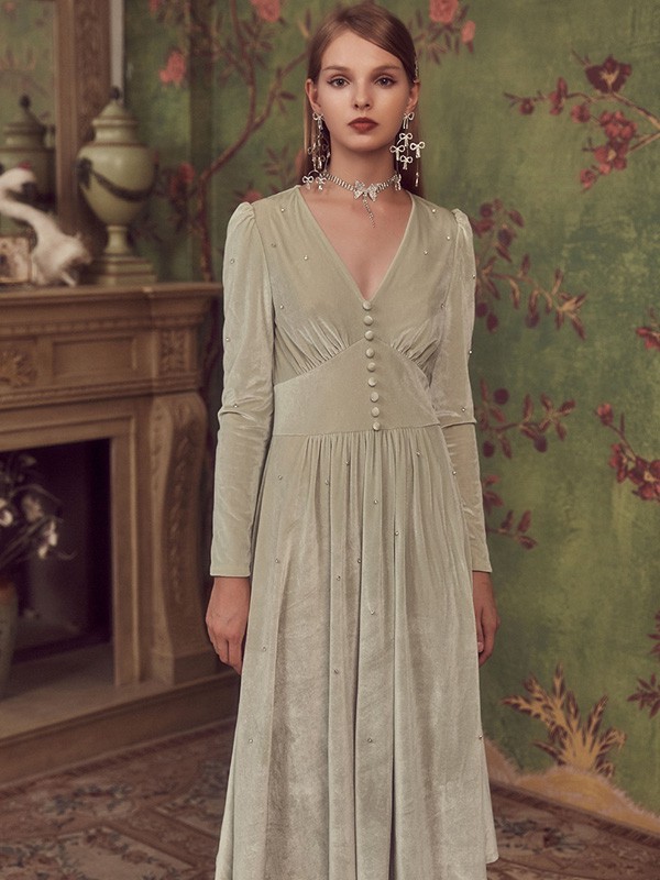 MarieElie2021秋冬季绿色镶钻连衣裙