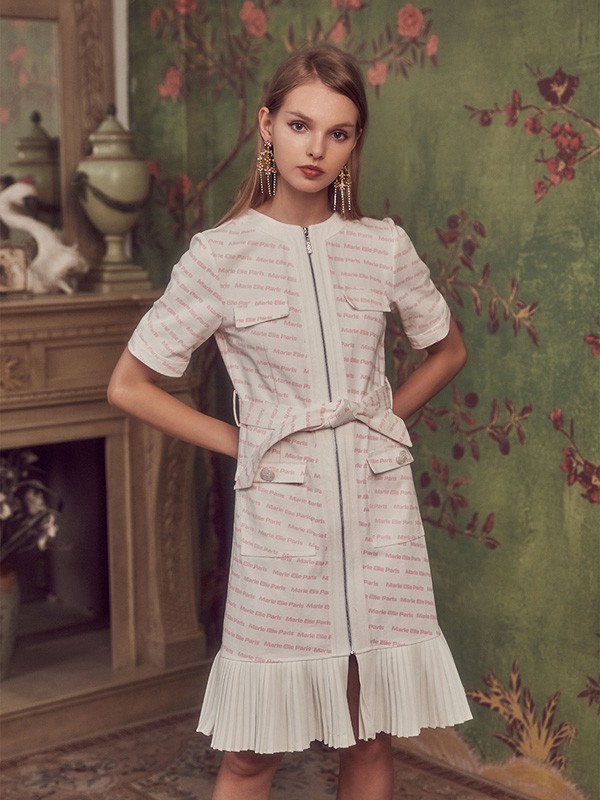 MarieElie2021秋冬季白色荷叶边连衣裙