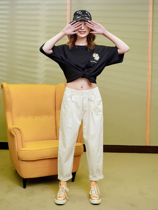 茵曼2021春夏季黑色印花T恤