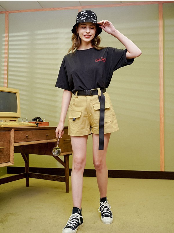 茵曼2021春夏季黑色印花T恤