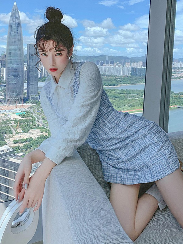 歌贝姿女装2021秋冬季蓝色格子连衣裙