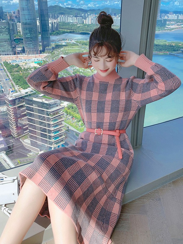 歌贝姿女装2021秋冬季粉色格子连衣裙