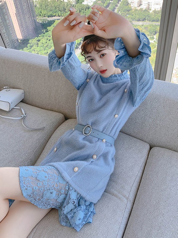 歌贝姿女装2021秋冬季蓝色蕾丝毛衣裙