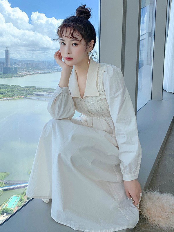 歌贝姿女装2021秋冬季白色纯色连衣裙