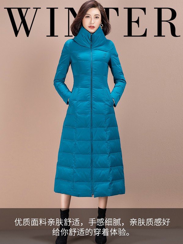 纳绎女装2021秋冬季蓝色高领羽绒服