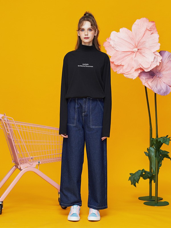 NSSLAB休闲装2021秋冬季藏蓝色纯色阔腿裤