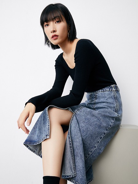 SimplePieces女装2021秋冬季藏蓝色开叉包臀裙