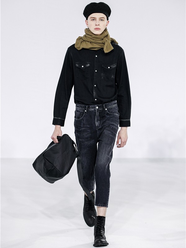 九平道男装2021秋冬季黑色纯色衬衫