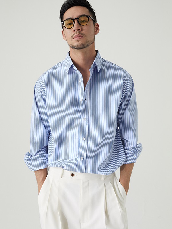 FACECITY男装2021春夏季浅蓝色纯色衬衫