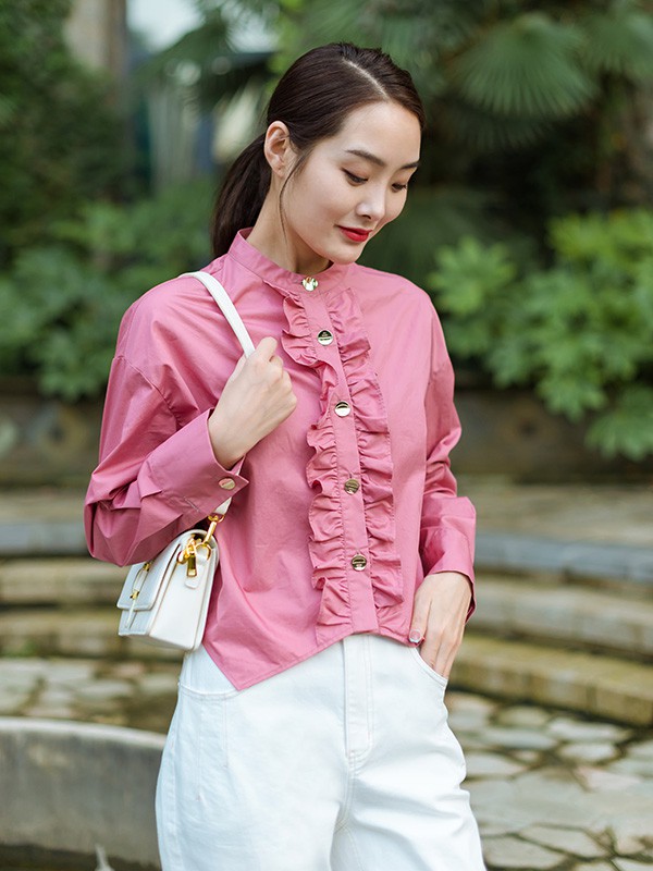 熙嬅女装2022春夏季粉色木耳边衬衫