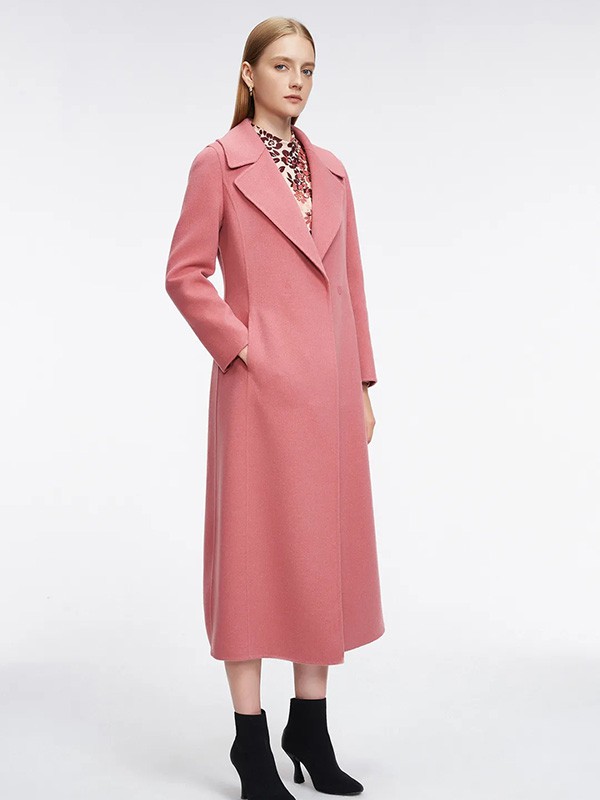 玛塞莉2021秋冬季粉色长款大衣