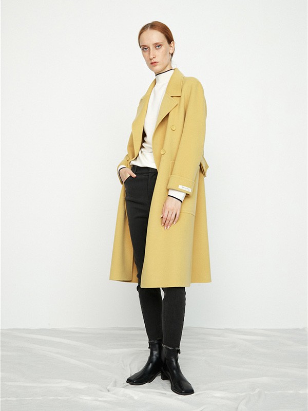 玛塞莉女装2021秋冬季黄色纯色大衣
