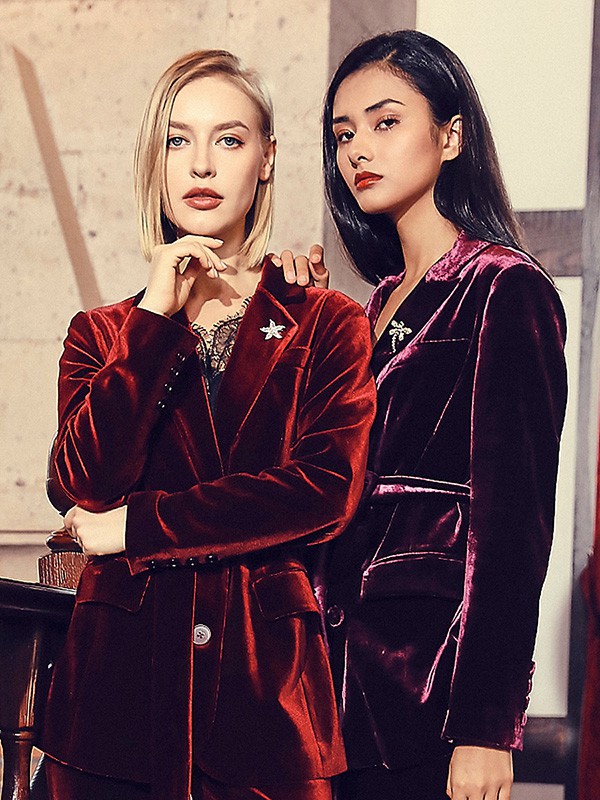 露·玛莉先2021秋冬季酒红色纯色西装