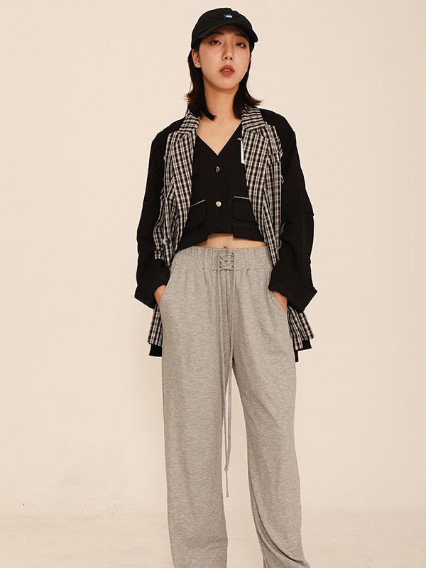 西町村屋2021秋冬季灰色纯色阔腿裤