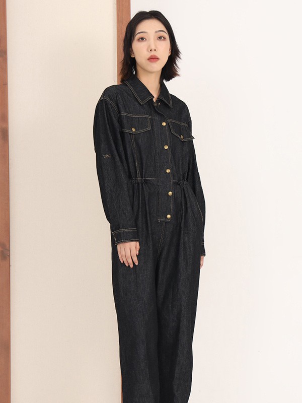 西町村屋2021秋冬季黑色纯色连体裤