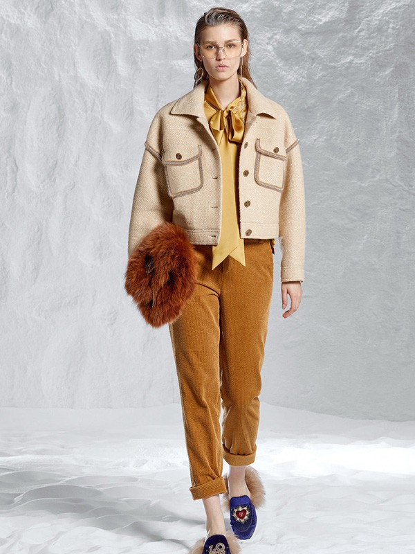 尤缇女装2021秋冬季黄色纯色长裤