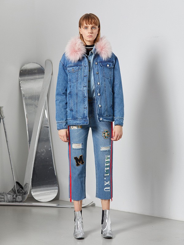 尤缇女装2021秋冬季藏蓝色带毛领外套