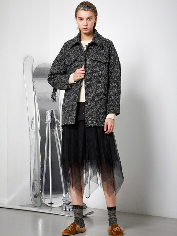 尤缇女装2021秋冬季黑色纱网半身裙