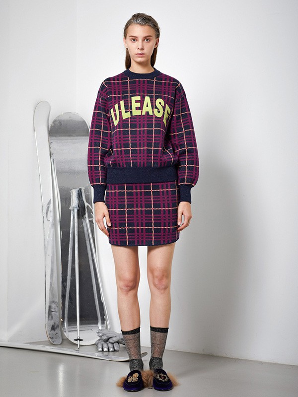 尤缇女装2021秋冬季紫色格子套装