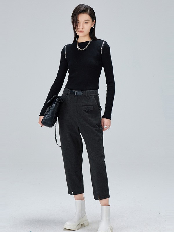 尤缇女装2021秋冬季黑色纯色针织衫