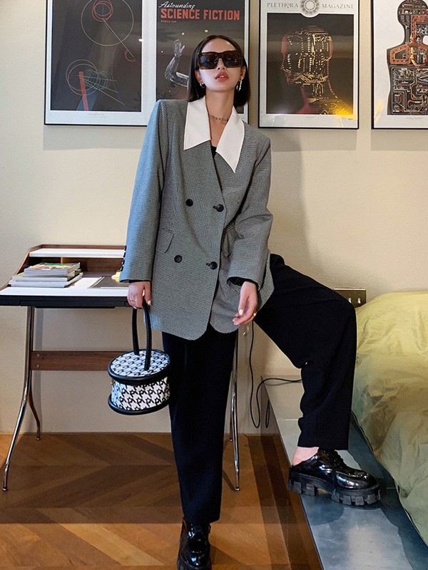 AUDREYWANG2021秋冬季灰色纯色西装