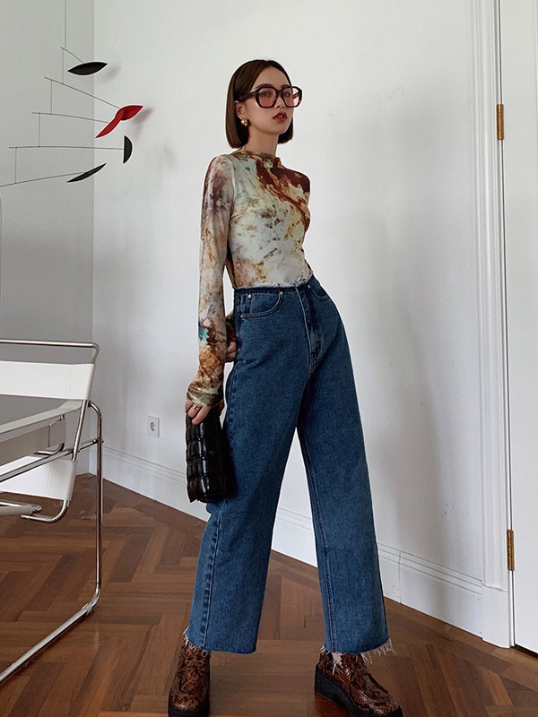 AUDREYWANG2021秋冬季藏蓝色纯色阔腿裤