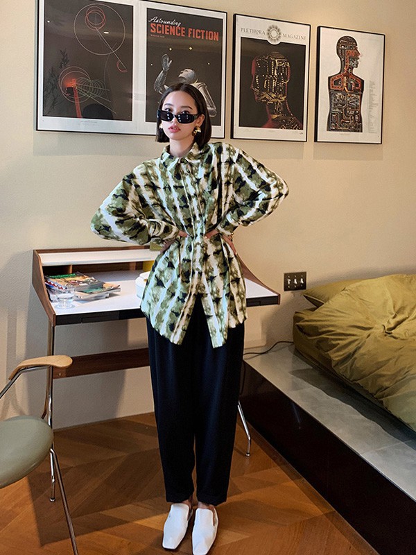 AUDREYWANG女装2021秋冬季绿色格子衬衫