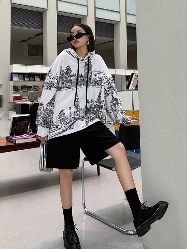 AUDREYWANG女装2021秋冬季白色印花卫衣