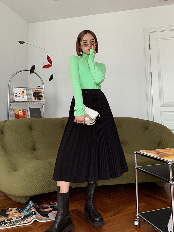 AUDREYWANG女装2021秋冬季黑色纯色百褶裙