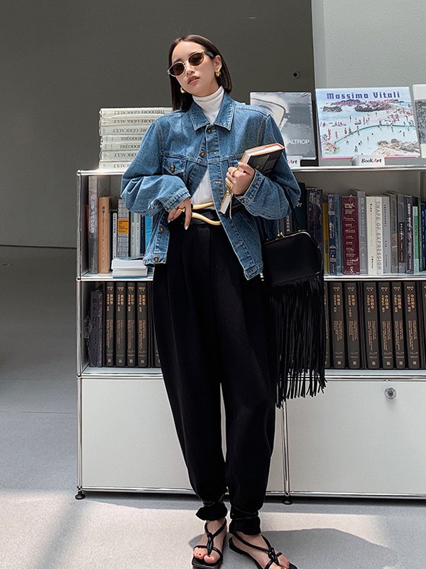 AUDREYWANG女装2021秋冬季黑色纯色长裤