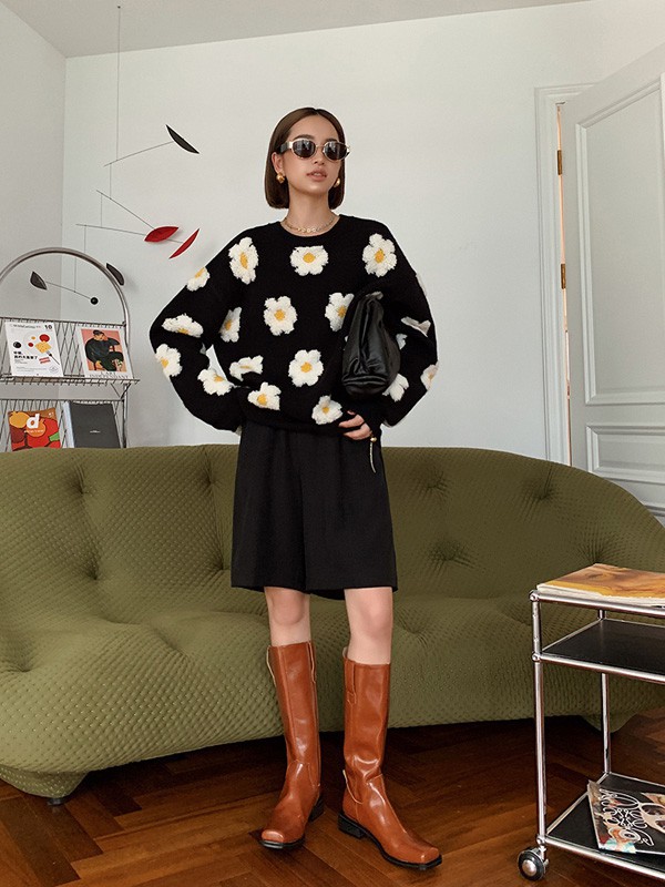 AUDREYWANG女装2021秋冬季黑色印花毛衣