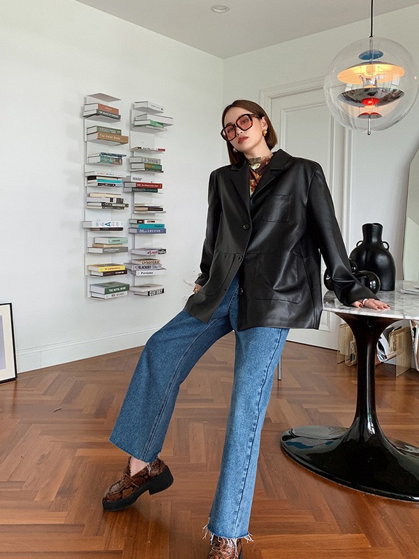 AUDREYWANG女装2021秋冬季黑色纯色皮衣