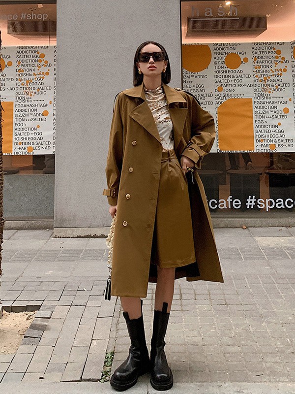 AUDREYWANG女装2021秋冬季军绿色纯色大衣