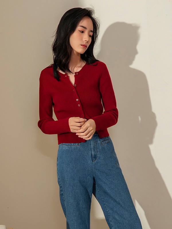 Kira&Yanng女装2021秋冬季酒红色修身针织衫