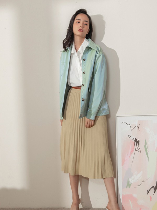 Kira&Yanng女装2021秋冬季卡其色纯色百褶裙