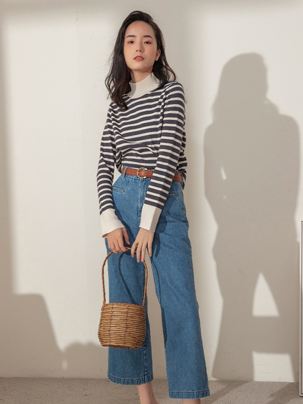 Kira&Yanng女装2021秋冬季白色条纹T恤