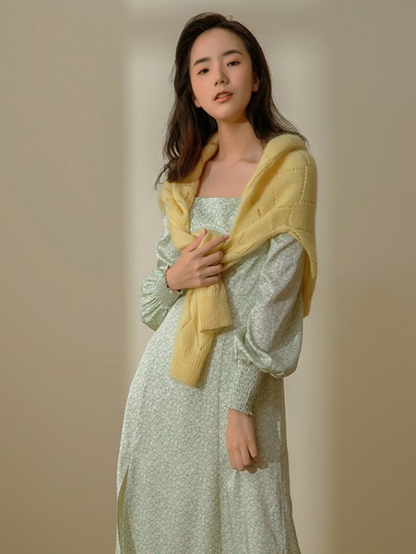 Kira&Yanng女装2021秋冬季绿色泡泡袖连衣裙